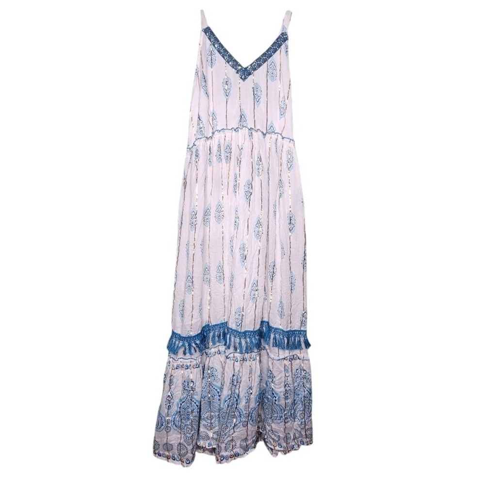 Me 2 Magic Boho Tiered Maxi Dress Sleeveless Metallic Tassels Cottage Peasant M‎